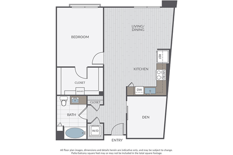 Floor plan for 1 bed, 1 bath, 885 sqft