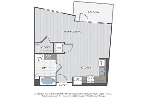 Floor plan for studio, 1 bath, 600 sqft