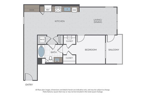 Floor plan for 1 bed, 1 bath, 906 sqft