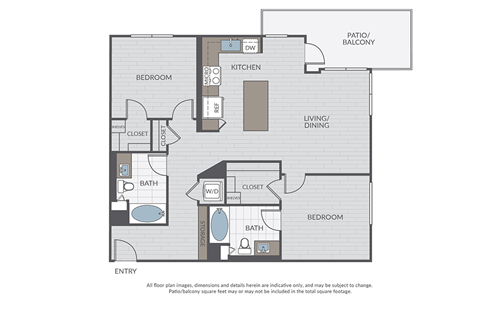 Floor plan for 2 beds, 2 baths, 1154 sqft