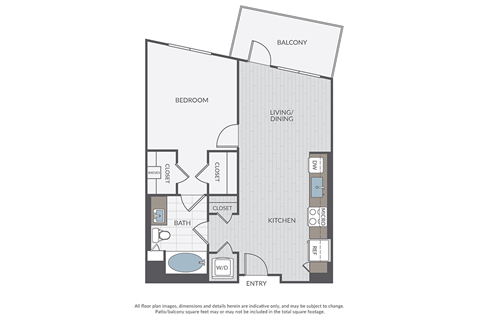 Floor plan for 1 bed, 1 bath, 699 sqft