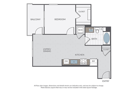 Floor plan for 1 bed, 1 bath, 714 sqft