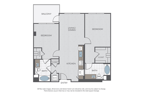 Floor plan for 2 beds, 2 baths, 1091 sqft