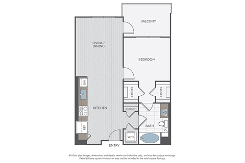 Floor plan for 1 bed, 1 bath, 709 sqft