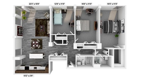 Floor plan for 3 beds, 2 baths, 1433 sqft