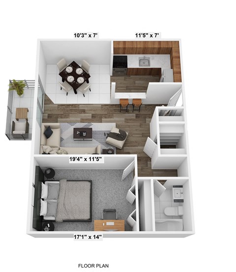 Floor plan for 1 bed, 1 bath, 850 sqft