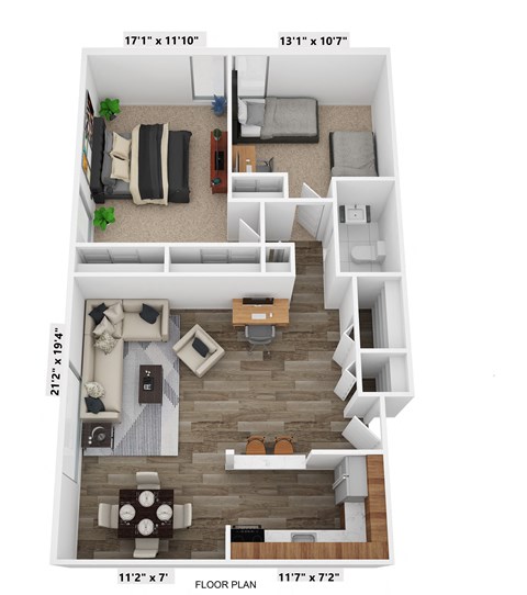 Floor plan for 2 beds, 1 bath, 1150 sqft