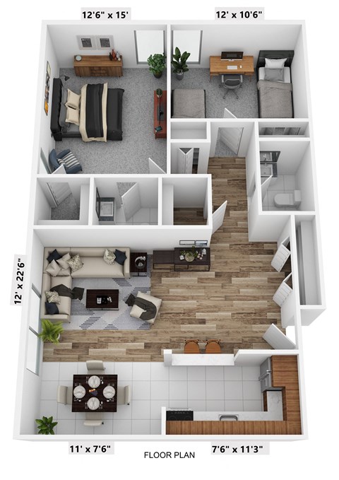 Floor plan for 2 beds, 1.5 baths, 1150 sqft