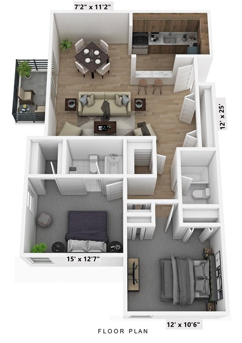 Floor plan for 2 beds, 1 bath, 1150 sqft