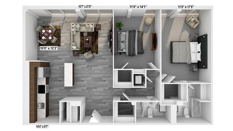 Floor plan for 2 beds, 2 baths, 1244 sqft