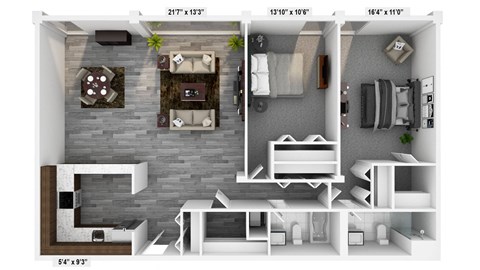Floor plan for 2 beds, 2 baths, 1301 sqft