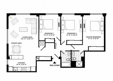 Floor plan for 3 beds, 2 baths, 1425 sqft