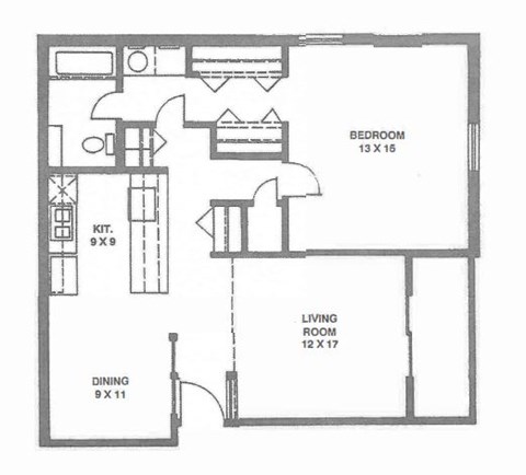 Floor plan for 1 bed, 1 bath, 870 sqft