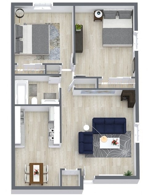 Floor plan for 2 beds, 1 bath, 815 sqft