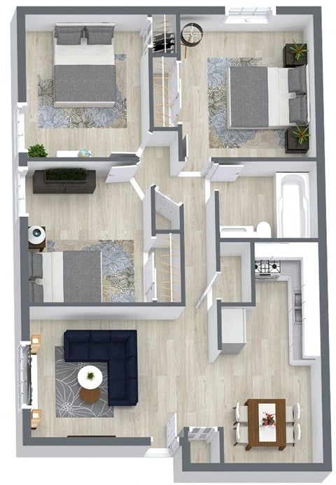 Floor plan for 3 beds, 1 bath, 1025 sqft