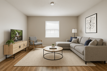 Overland Park apartment for rent - A living room with a grey sofa, a wooden cabinet, a chair, a coffee table, and a framed picture on the wall.