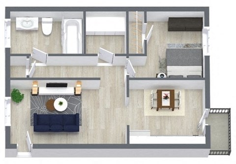 Floor plan for 1 bed, 1 bath, 671 sqft