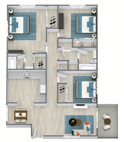 Floor plan for 3 beds, 2 baths, 1240 sqft