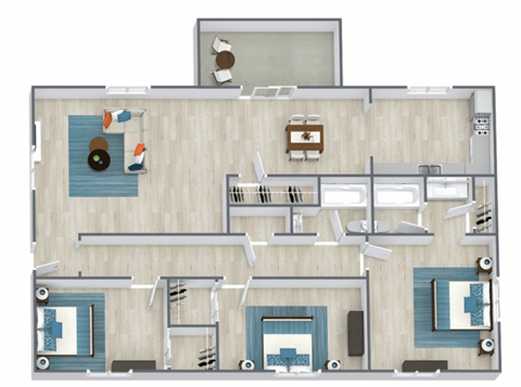 Floor plan for 3 beds, 2 baths, 1400 sqft