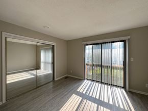 Overland Park apartment for rent - an empty bedroom with a sliding glass door and a mirrored closet