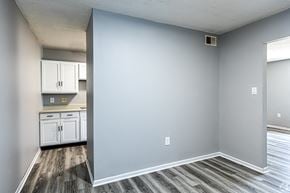 Maryville apartment for rent - an empty living room and kitchen with white cabinets and a blue wall