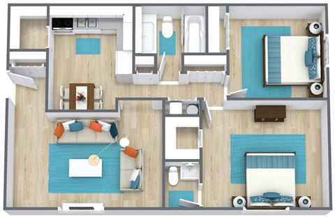 Floor plan for 2 beds, 1.5 baths, 950 sqft