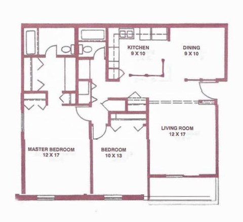 Floor plan for 2 beds, 2.5 baths, 1110 sqft