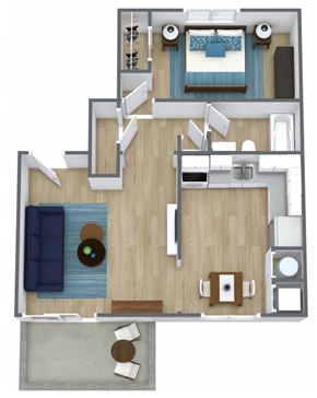 Kansas City apartment for rent - A top-down view of a living room with a couch, coffee table, and television.