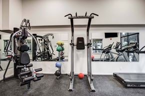 Overland Park apartment for rent - A gym with a variety of equipment including a treadmill, weights, and a leg press machine.