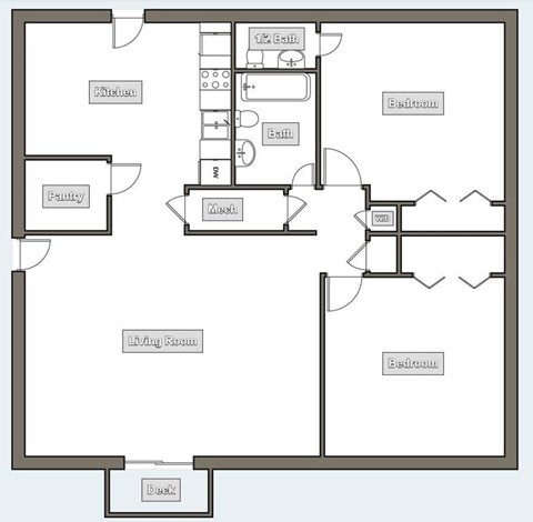 Floor plan for 2 beds, 1.5 baths, 842 sqft