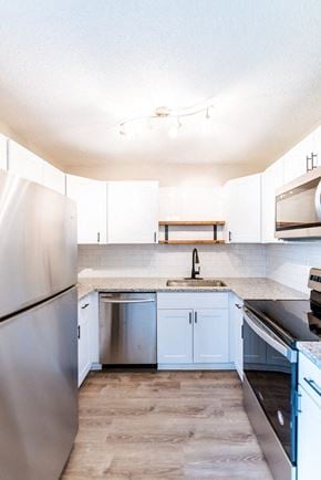 Gladstone apartment for rent - A kitchen with a sink and a refrigerator.