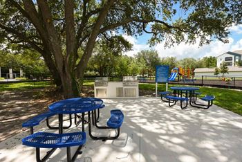 A picnic area with blue tables and chairs and a playground in the background