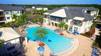 Large swimming pool with umbrellas and chairs