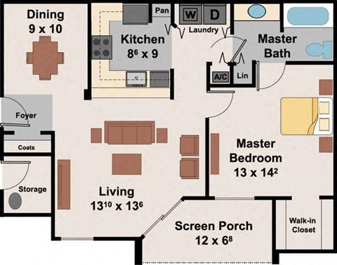 Floor plan for 1 bed, 1 bath, 961 sqft