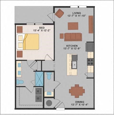 Floor plan for 1 bed, 1.5 baths, 927 sqft