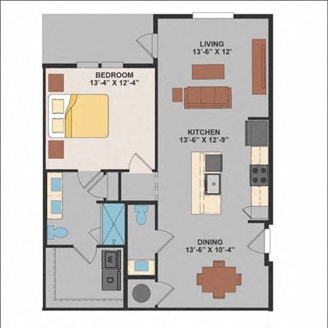 Floor plan for 1 bed, 1.5 baths, 925 sqft
