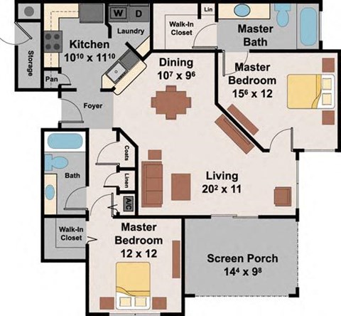 Floor plan for 2 beds, 2 baths, 1364 sqft