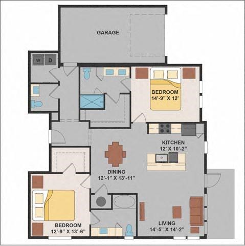 Floor plan for 2 beds, 2.5 baths, 1395 sqft