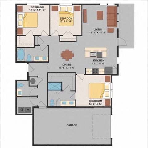 Floor plan for 3 beds, 2.5 baths, 1521 sqft