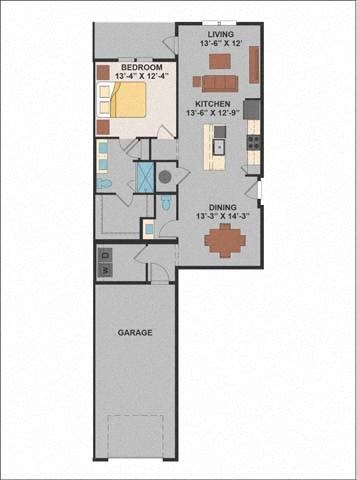 Floor plan for 1 bed, 1.5 baths, 1082 sqft