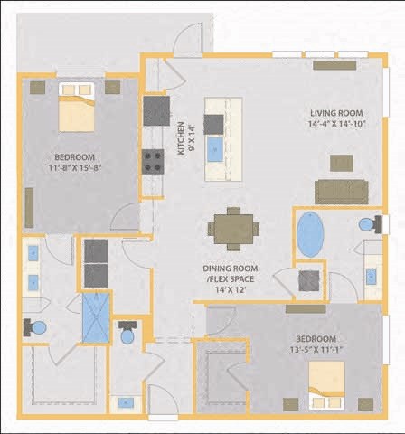 Floor plan for 2 beds, 2.5 baths, 1363 sqft