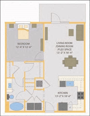 Floor plan for 1 bed, 1 bath, 810 sqft