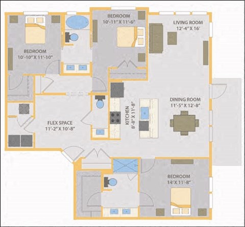 Floor plan for 3 beds, 2.5 baths, 1584 sqft