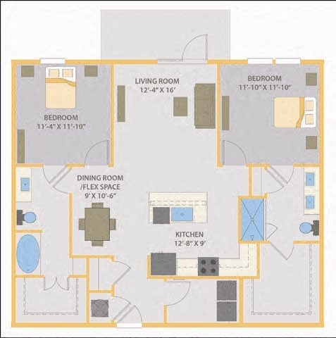 Floor plan for 2 beds, 2 baths, 1200 sqft