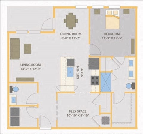 Floor plan for 1 bed, 1.5 baths, 1010 sqft
