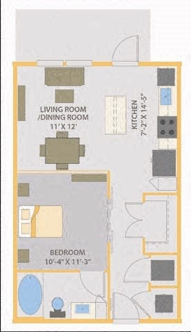 Floor plan for 1 bed, 1 bath, 585 sqft