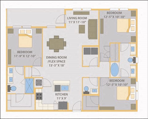Floor plan for 3 beds, 2.5 baths, 1455 sqft