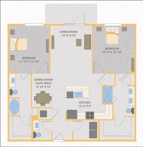 Floor plan for 2 beds, 2.5 baths, 1348 sqft