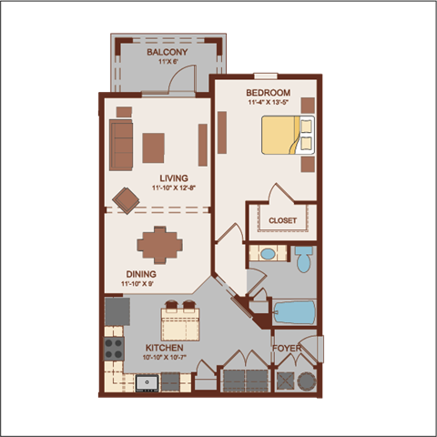 Floor plan for 1 bed, 1 bath, 845 sqft