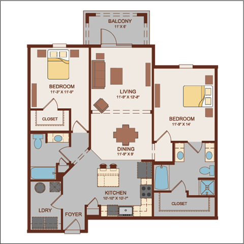 Floor plan for 2 beds, 2 baths, 1202 sqft